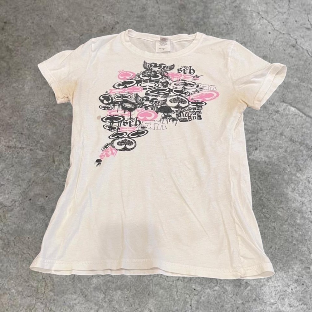 y2k white and pink cyber heart graphic top medium